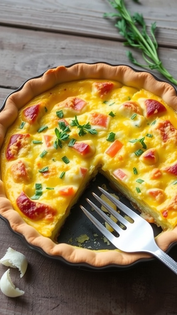 A slice of golden brown quiche with cheese and vegetables on a rustic table.